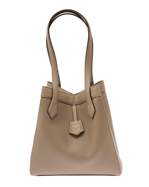 Fendi Natural 'origami Medium' Grey Tote Bag With Eight Magnets Closure And Logo In Grained Leather