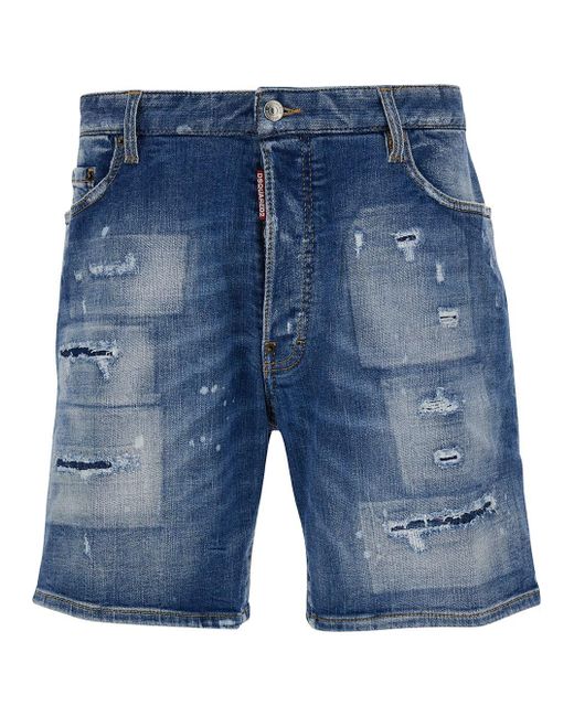 DSquared² Blue Light Bermuda Shorts With Rips And Logo Patch for men