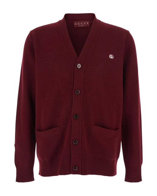 Gucci Red Bordeaux Cardigan With V Neck And Gg Embroidery On The Front for men
