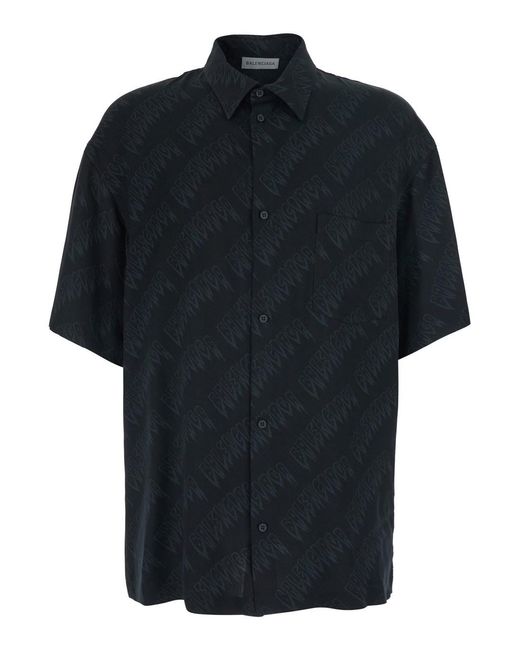 Balenciaga Black Shirt 'Creeper' With Classic Collar And All-Over Logo Motif for men