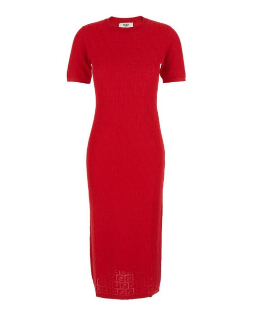 Abito Con Maniche Corte E Motivo Ff All-Over di Fendi in Red