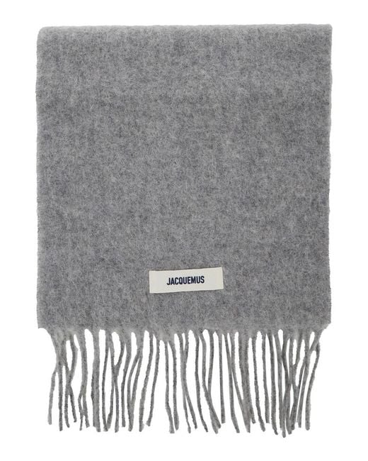 Jacquemus Gray 'L'Echarpe Carro' Scarf With Logo Patch On The Front And Fringed Hem for men