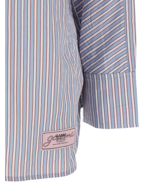 Ganni Blue Shirt With All-Over Stripes And Logo Patch On The Front