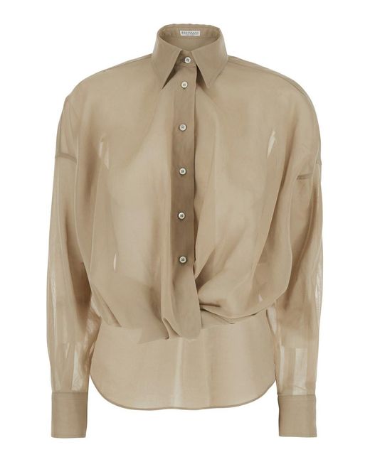 Brunello Cucinelli Natural Shirt With Classic Collar And Monil Detail On The Collar