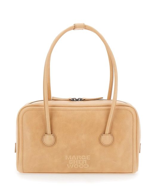 MARGE SHERWOOD Natural 'Soft Boston' Small Shoulder Bag With Logo Letteri