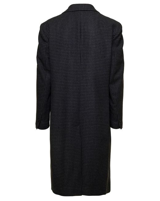 Hevò Black Double-breasted Coat With Houndstooth Pattern In Wool Blend for men