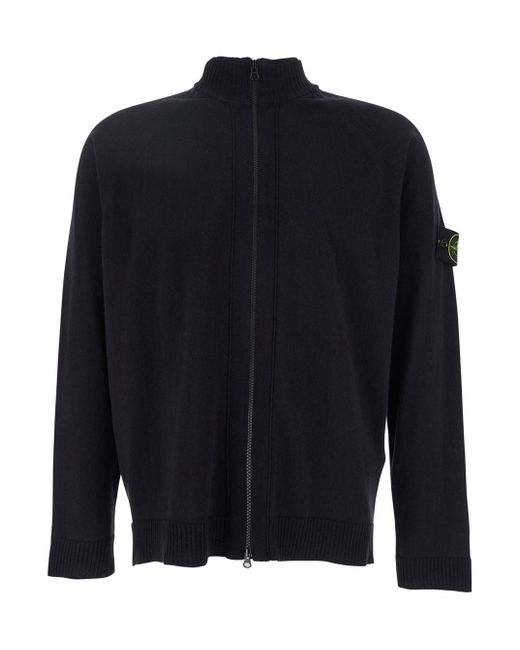 Stone Island Blue Cardigan With High Neck for men