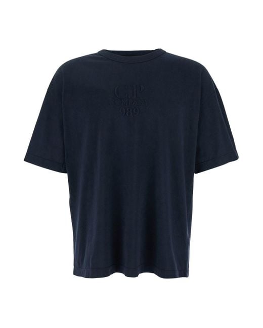C P Company Blue T-Shirt With Logo Embroidered On The Front Tone-On-Tone for men