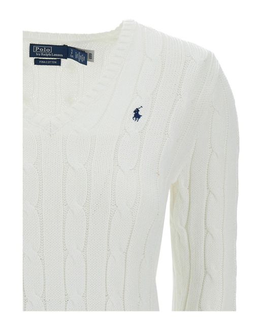 Pullover 'Kimberly' A Trecce Con Ricamo Cavallino In di Polo Ralph Lauren in White