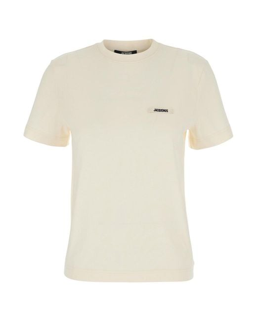 Jacquemus White 'Le T-Shirt Gros Grain' Crewneck T-Shirt With Logo Patch On The Front