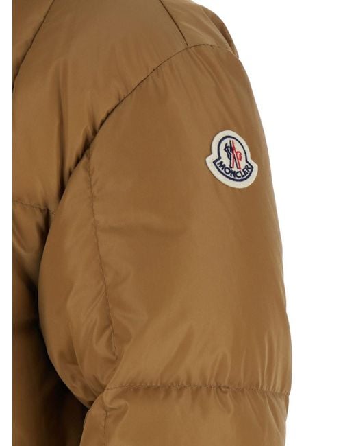 Moncler Brown Down Jacket With Fixed Hood With Buttons And Logo Patch