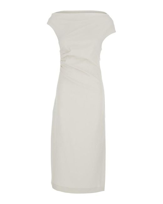 P.A.R.O.S.H. White P.A.R.O..H. Long Dress With Square Neckline And Draped Details
