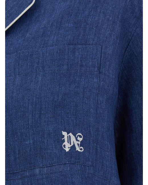 Palm Angels Blue Cropped Shirt With Embroidered Logo