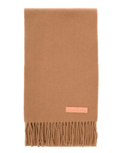 Acne Brown Scarf With Logo Patch And Fringes In Wool for men