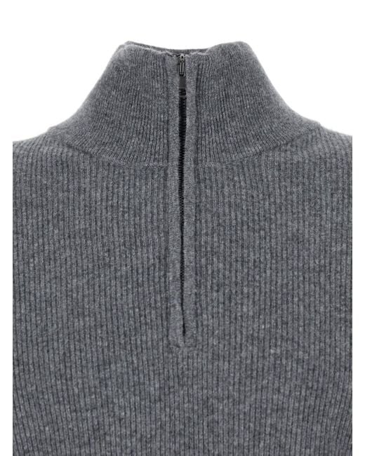 Roberto Collina Gray Ribbed Knit Sweater With High Neck And Half Zip C for men