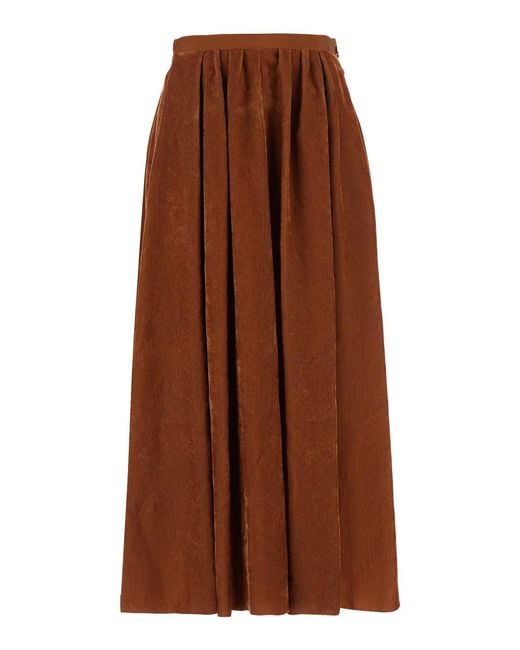 Forte_forte Brown Long Pleated Velvet Skirt With Belt For