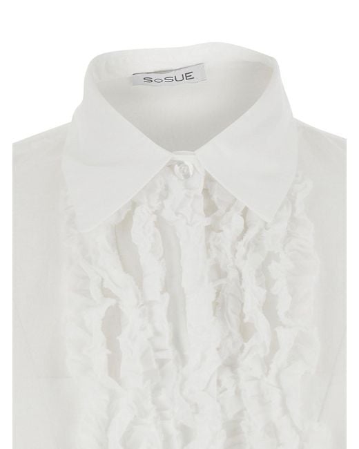 SOSUE White 'Antonia' Shirt With Classic Collar And Ruffles On The Fro