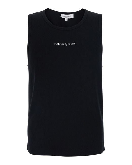 Maison Kitsuné Black Tank Top With Round Neck And Logo Lettering On Th for men