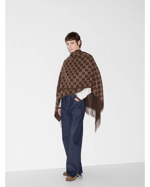 Gucci Black Cape With Fringes And Gg All-Over Motif