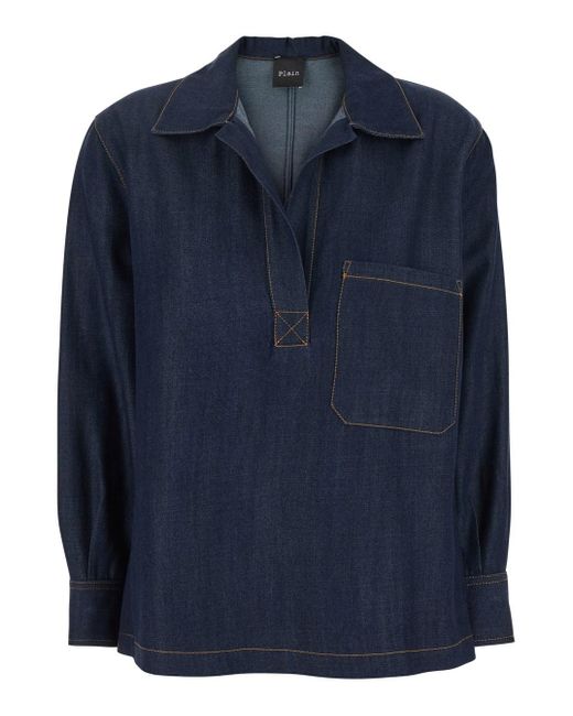Camicia Con Revers Classici E Scollo Stile Polo di Plain in Blue