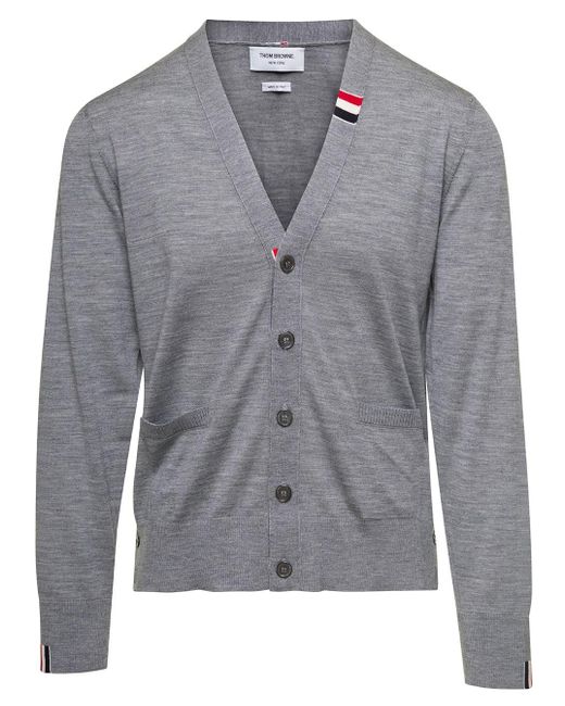 Thom Browne Gray Jersey Stitch Relaxed Fit V Neck Cardigan for men