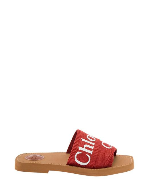 Chloé Red 'woody' Sandals With Logo In Canvas Woman