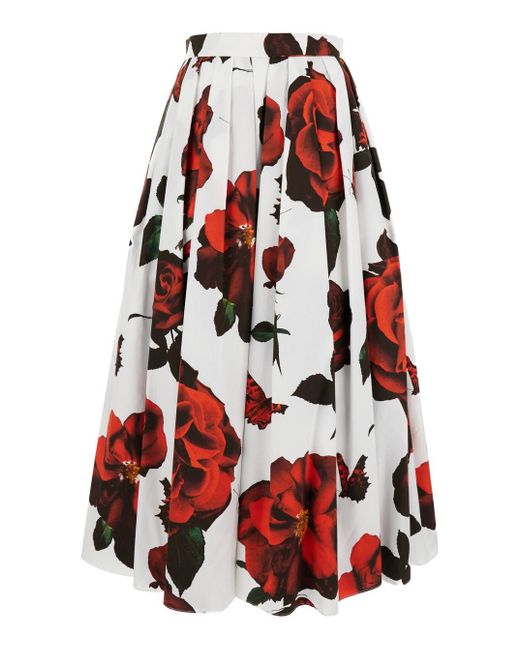 Alexander McQueen Red Tudor Rose Print Pleated Midi Skirt