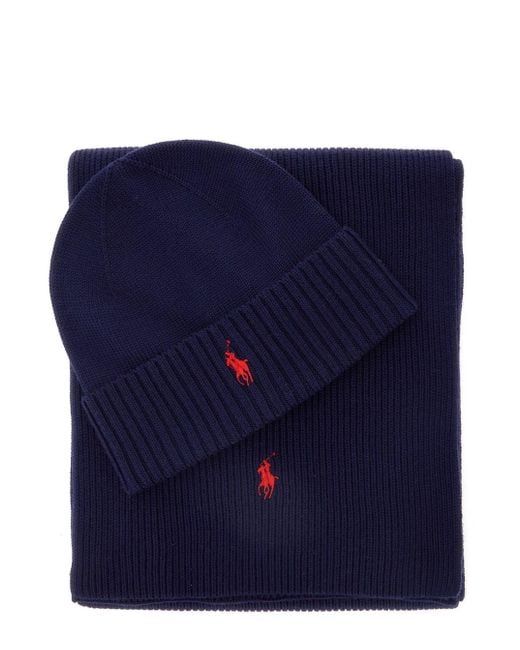 Polo Ralph Lauren Blue Scarf And Beanie Set With Pony Embroidery On The Front for men