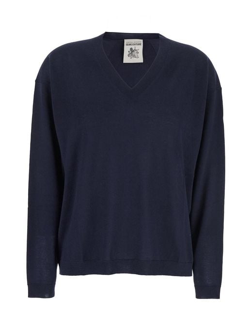 Semicouture Blue Sweater With V Neck And Ribbed Trims