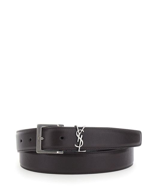 Saint Laurent Gray Belt With Cassandre Plaque On The Front And Buckle Closure for men