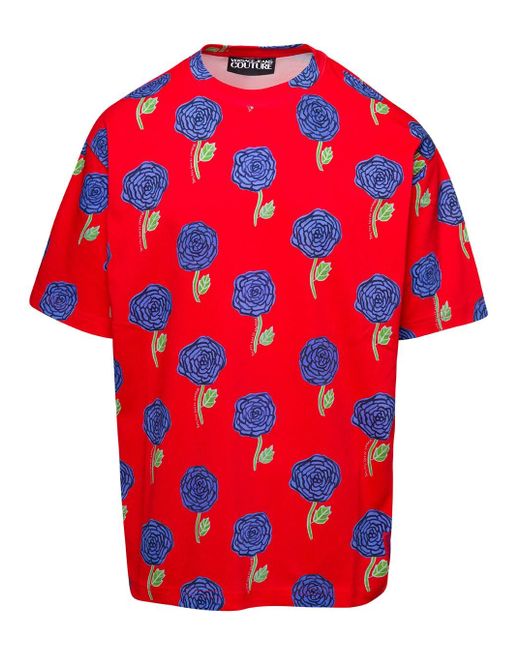 Versace Red Crewneck T-shirt With All-over Floral Print In Cotton for men