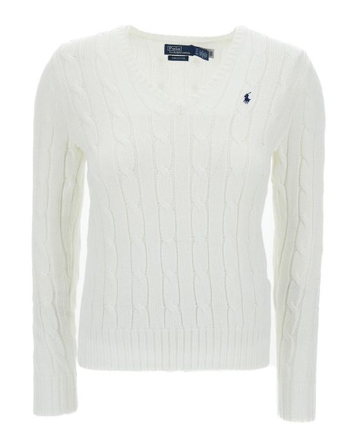 Polo Ralph Lauren 'kimberly' White Cable-knit Pullover With Pony Embroidery In Cotton Woman