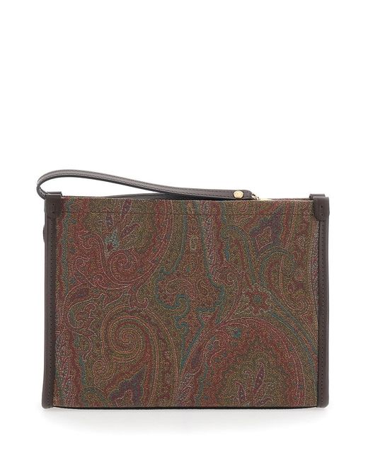 Etro Brown 'Arnica' Clutch With Embroidered Logo On The Front And All-Over Motif