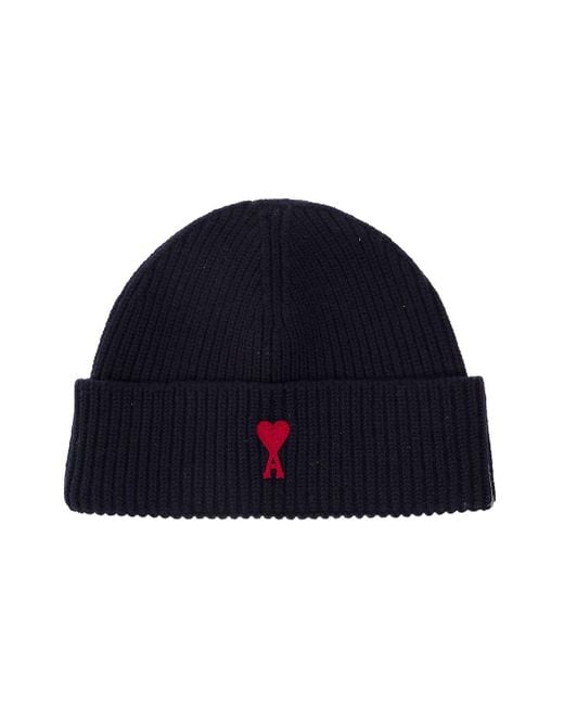 AMI Blue E Ribbed Beanie With Contrasting Logo Embroidery In Wool for men
