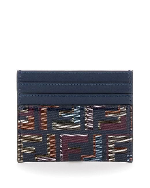 Fendi Blue Multicolour Card Holder With Metal Logo On Front And All-Over Ff Motif
