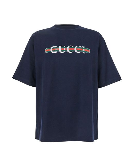 Gucci Blue Crewneck T-Shirt With Logo Lettering And Web Detal On The F for men
