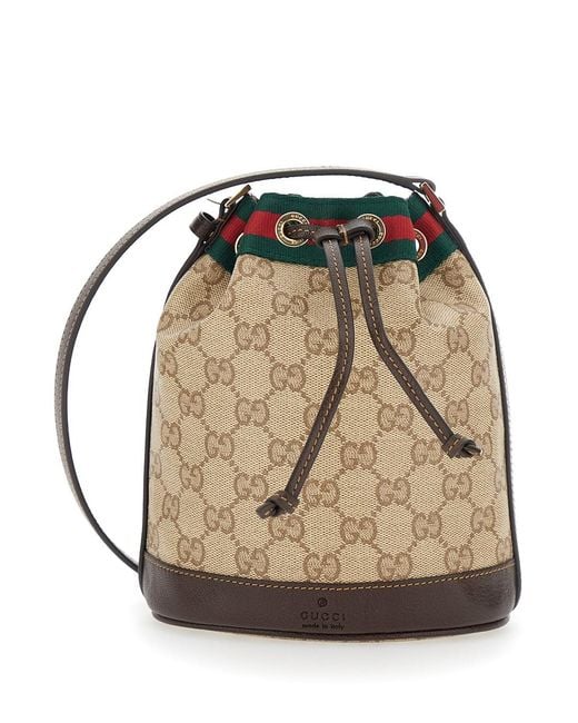 Gucci Natural Crossbody Bag With Drawstring Closure And Web Stripe