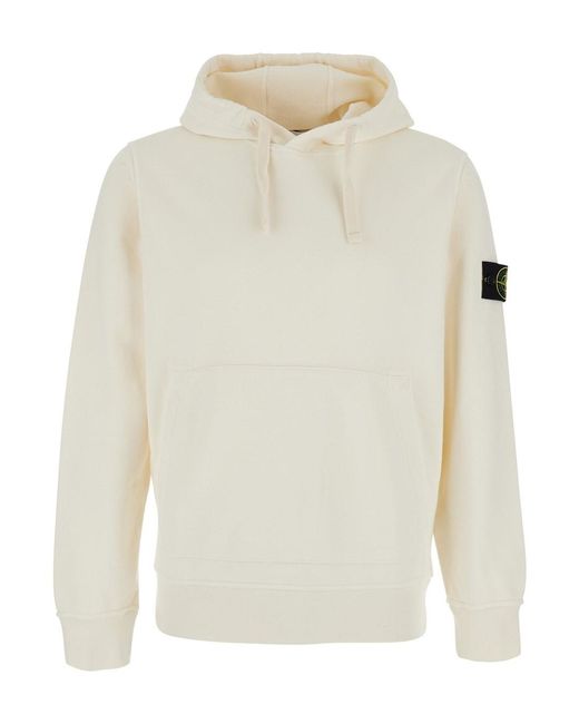 Stone Island White Hooded Sweatshirt With Fixed Hood And Logo On The Front for men