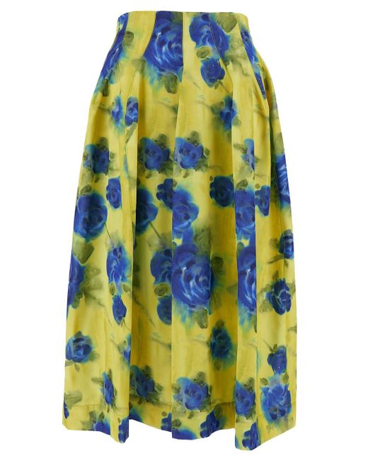 Marni Midi Yellow Skirt With All-over Contrasting Idyll Print In Taffetà Woman