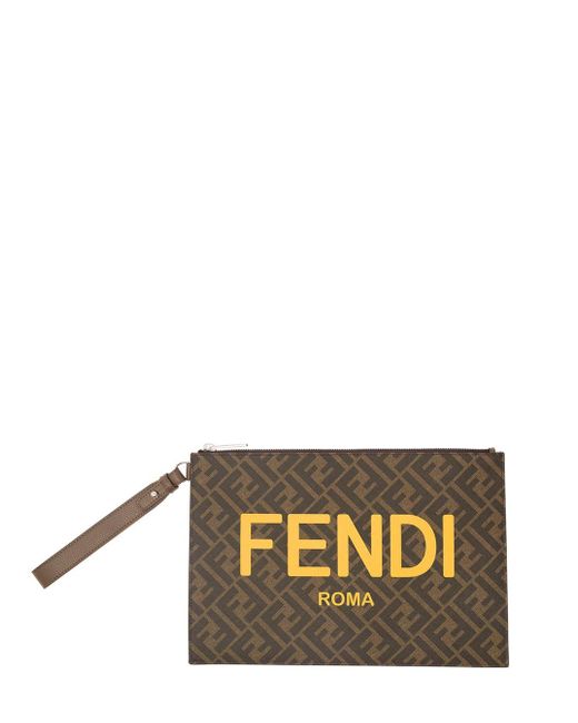 Fendi Metallic Flat Pouch With Ff Diagonal Motif And Logo Print In Canvas Man for men