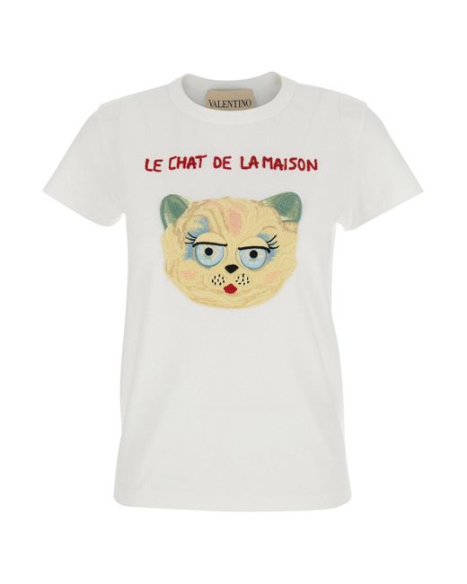 Valentino White Crew Neck T-Shirt With Front Embroidery