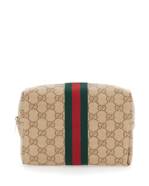 Gucci Natural Pouch With All-Over Gg Motif And Web Detail