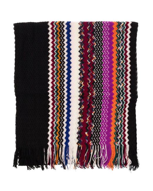 Missoni Black Multicolor Scarf With Zigzag Motif And Fringed Hem In Wool Blend Woman
