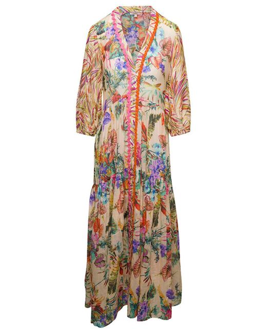 Anjuna White 'luella' Long Multicolor Dress With All-over Graphic Print In Silk Blend Woman