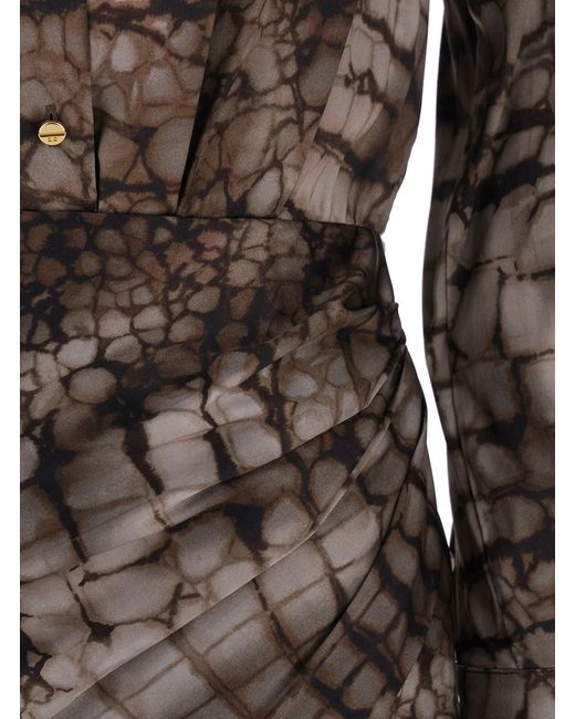 Elisabetta Franchi Brown Long Dress Ab89261E2644 With Classic Collar And All-Over Print