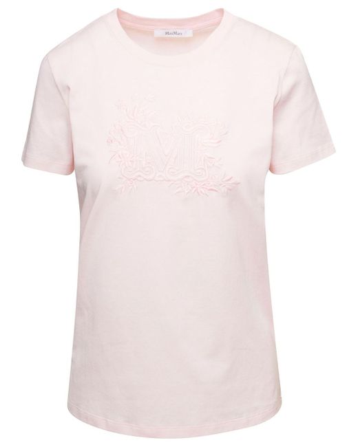 Max Mara Pink Crew Neck T-shirt With Embroidered Logo On The Chest In Cotton