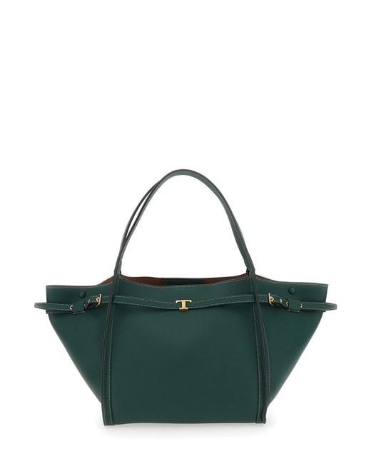 Tod's Green Medium Tote Bag With T Timeless Plaque On The Front And Tw