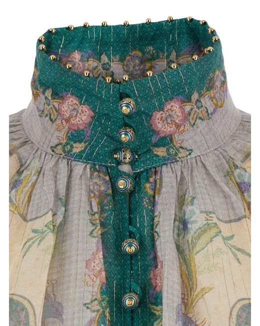 Zimmermann Blue 'Indra' Blouse With Classic Collar And All-Over Floral Motif