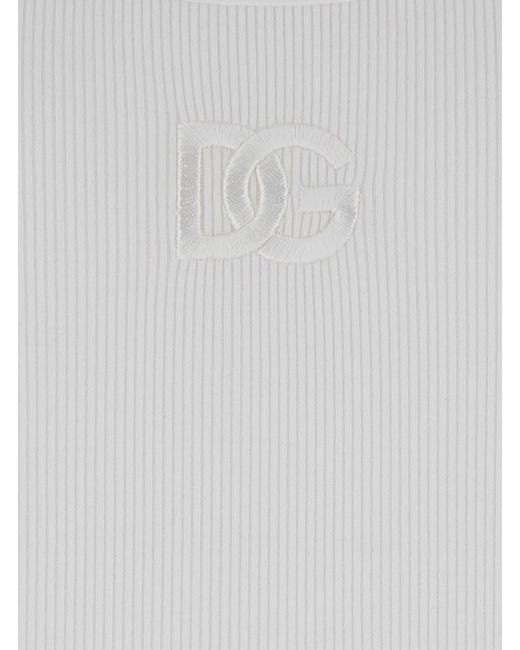Dolce & Gabbana White Sleeveless Top With Logo Embroidery On The Front And Ribbed Knit for men