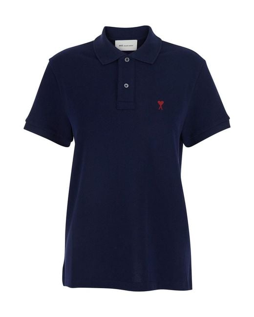 AMI Blue Polo Shirt With Classic Collar And Adc Embroidery On The Front